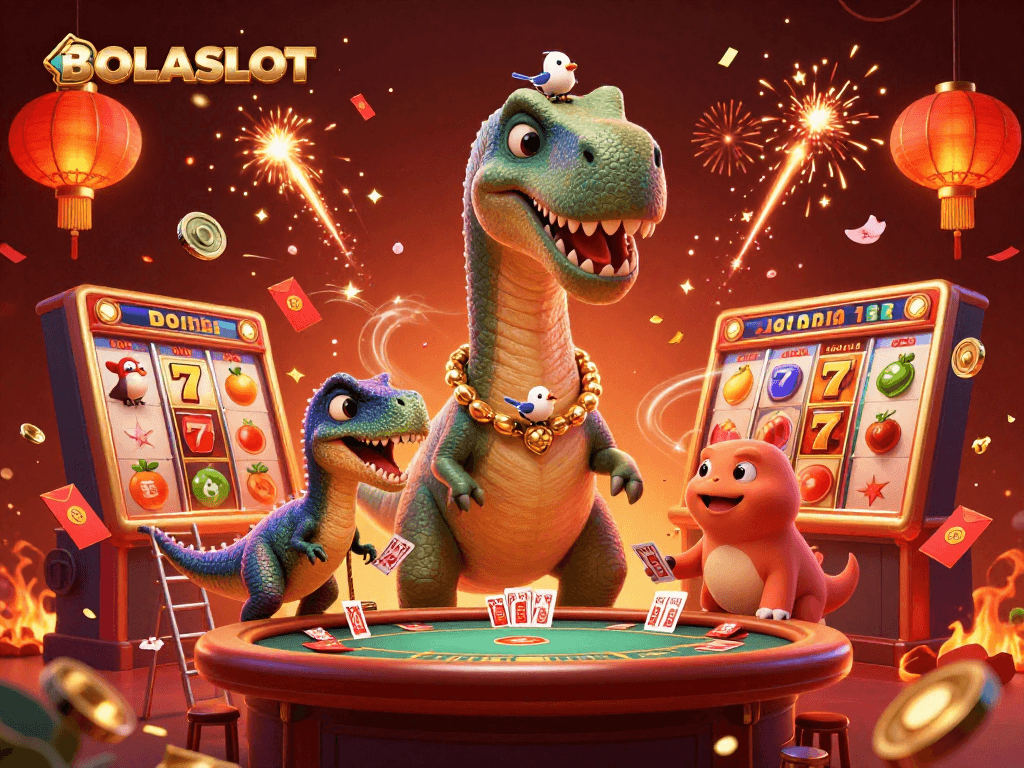 Experience BOLASLOT's vibrant casino world with a giant brontosaurus and clever raptor in a rich 3D illustration.
