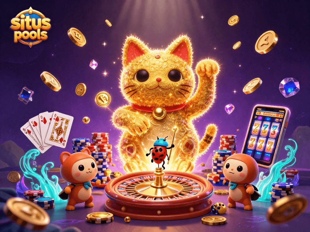 Situs hk pools menyajikan ilustrasi 3D kucing keberuntungan yang dikelilingi koin emas dan permata.
