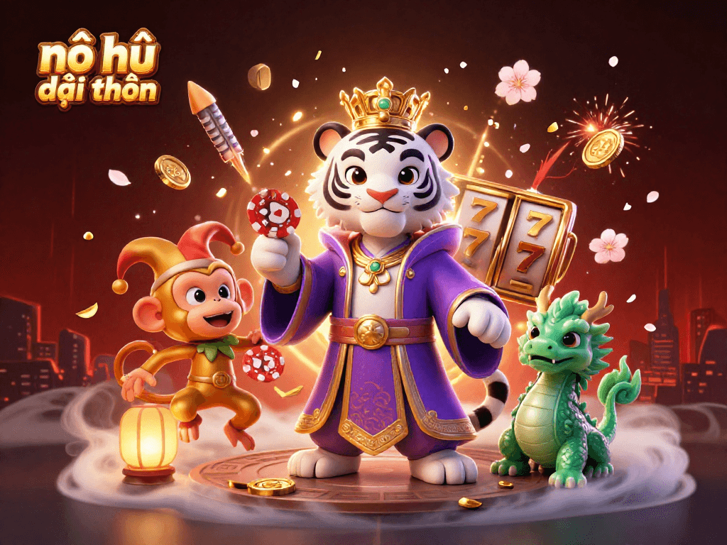 Nổ hũ đổi thưởng illustration featuring a royal tiger, jokester monkey, and dragon amidst vibrant casino elements.
