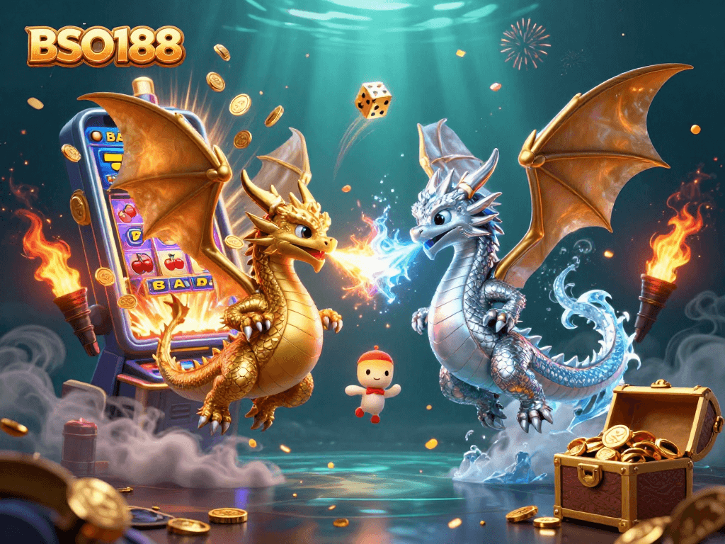 Unleash winnings with BSO188: Dynamic casino-themed 3D illustration featuring dragons, jackpots, and golden treasures.
