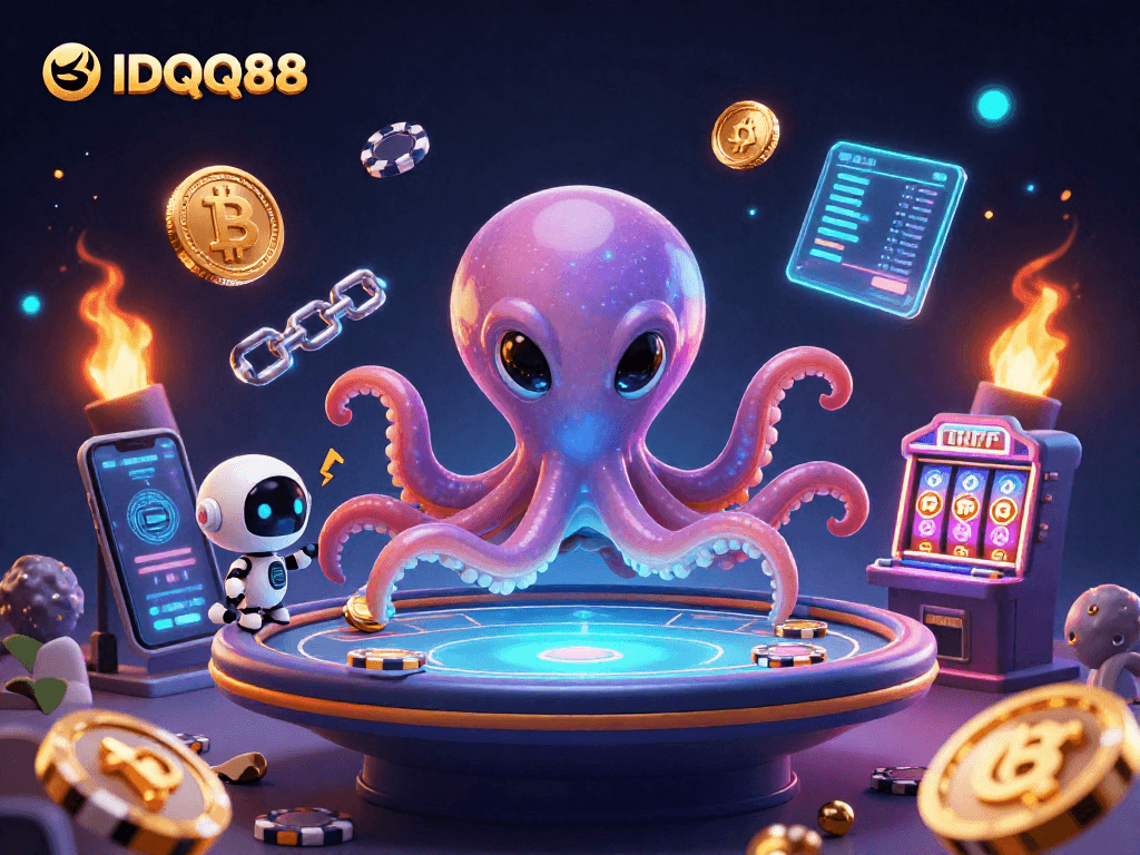 Engage in thrilling gameplay at IDQQ88 with a cartoon alien octopus operating a poker table in a vibrant casino setting.