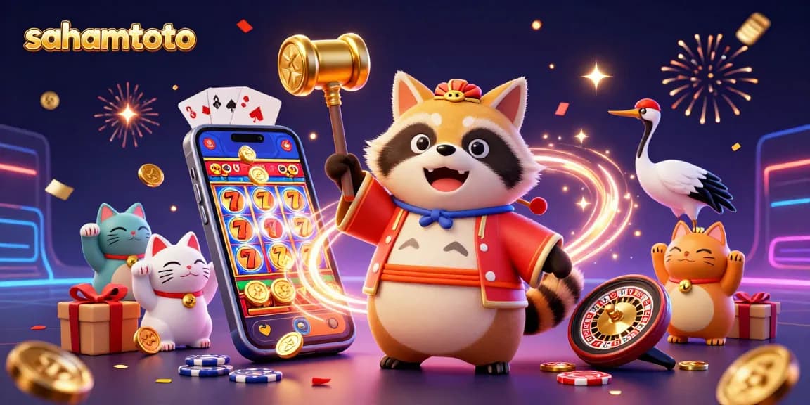 Gambarkan momen seru dengan sahamtoto, tanuki keberuntungan, dan permainan slot menegangkan.