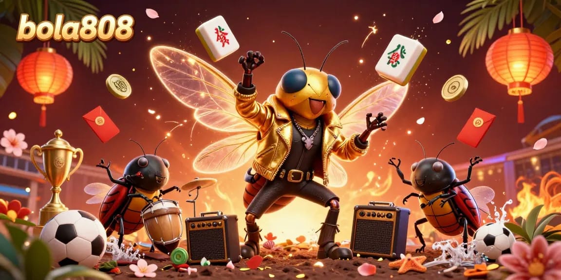 Engage in sports betting excitement with bola808 as a cicada rockstar shines in a vibrant 3D scene.
